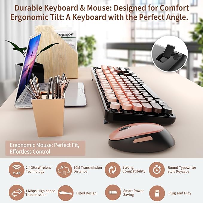 Nowlike Wireless Keyboard and Mouse Combo, Retro Typewriter Keyboard - Image 5