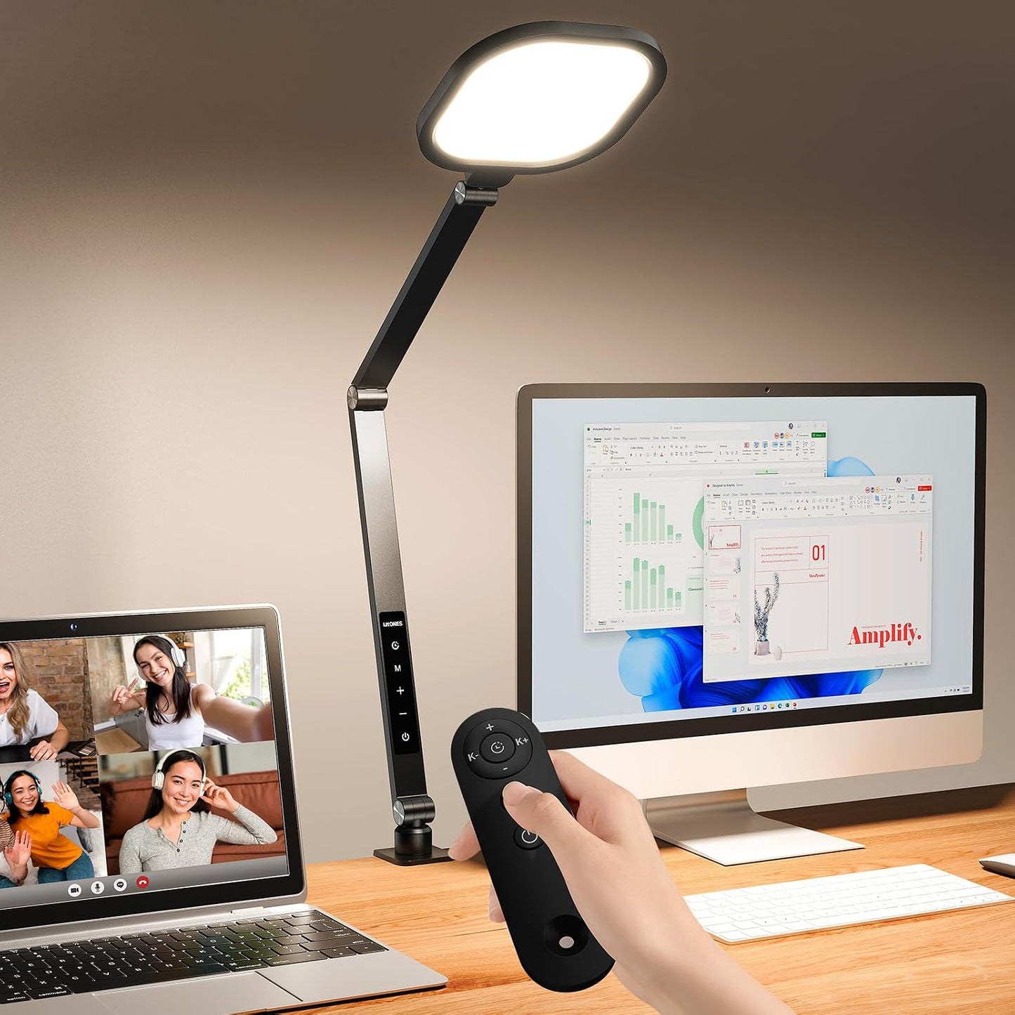 Zoom Lighting for Computer, LED Desk Lamp with Clamp for Video Conference | Dimmable Light for Video Recording, Zoom Meeting, Video Calls, Adjustable Swing Arm, Remote, Memory & Timer, CRI >95