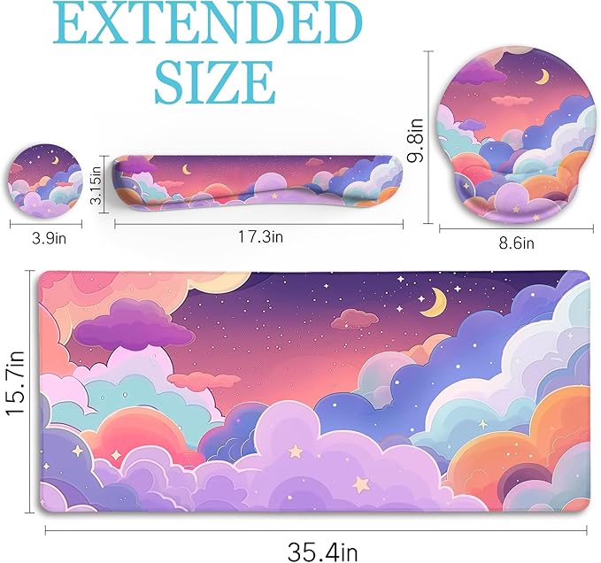 LIMKRIAN Purple Mouse Pad Large Desk Mat Set, Kawaii Clouds Ergonomic Mouse Pad - Image 6