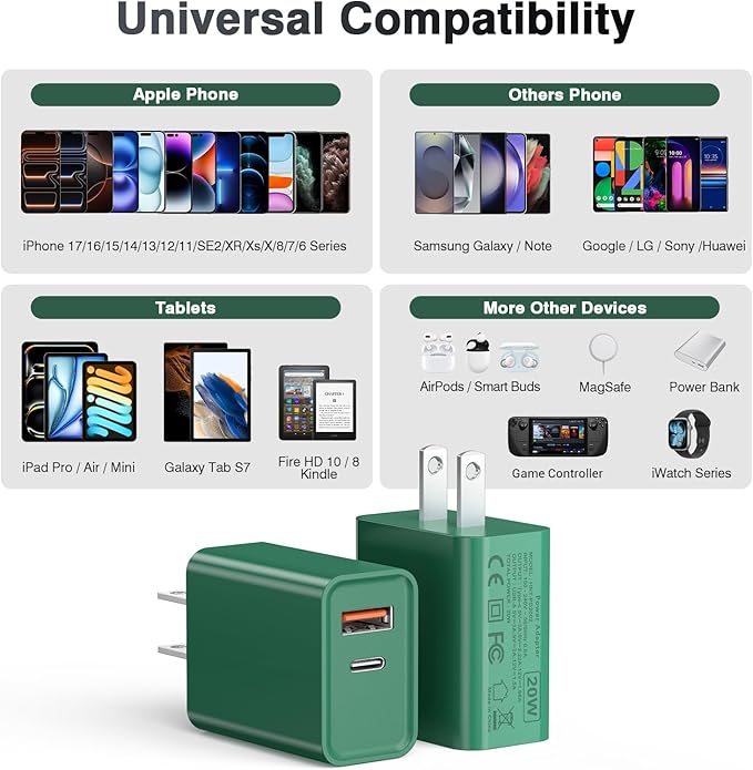 2Pack 20W Type C Charger, Dual Port USB C Wall Plug 20W PD & QC3.0 USB A Fast - Image 3