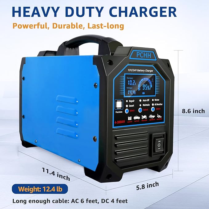PCHH 12V 24V Car Battery Charger Heavy Duty, 0-15A Automatic Battery Maintainer - Image 6