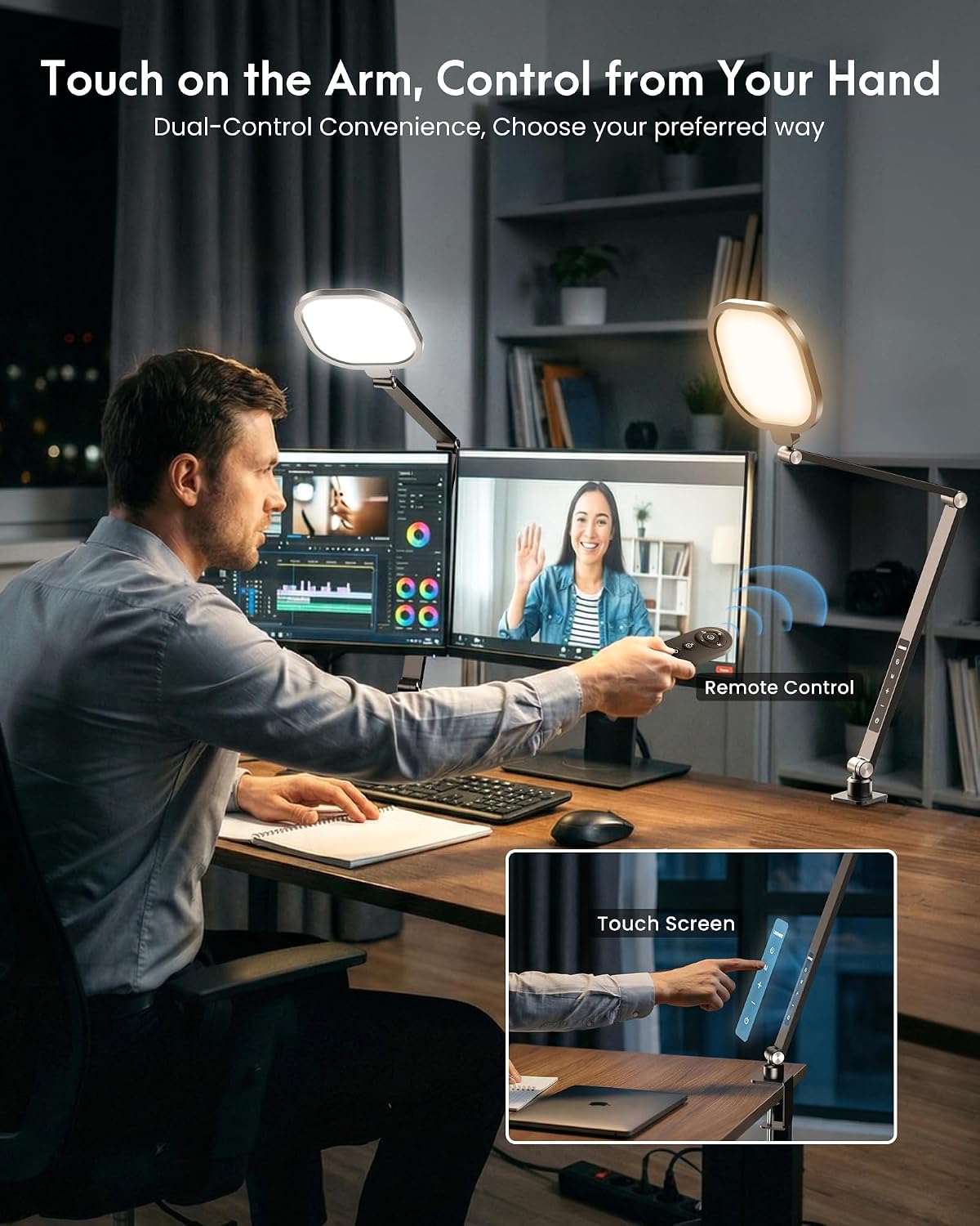 Zoom Lighting for Computer, LED Desk Lamp with Clamp for Video Conference | Dimmable Light for Video Recording, Zoom Meeting, Video Calls, Adjustable Swing Arm, Remote, Memory & Timer, CRI >95