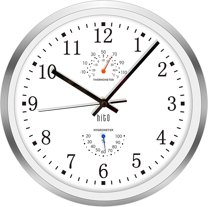 HITO 12 Inch Silent Wall Clock Battery Operated Non Ticking Glass Cover Silver by hito