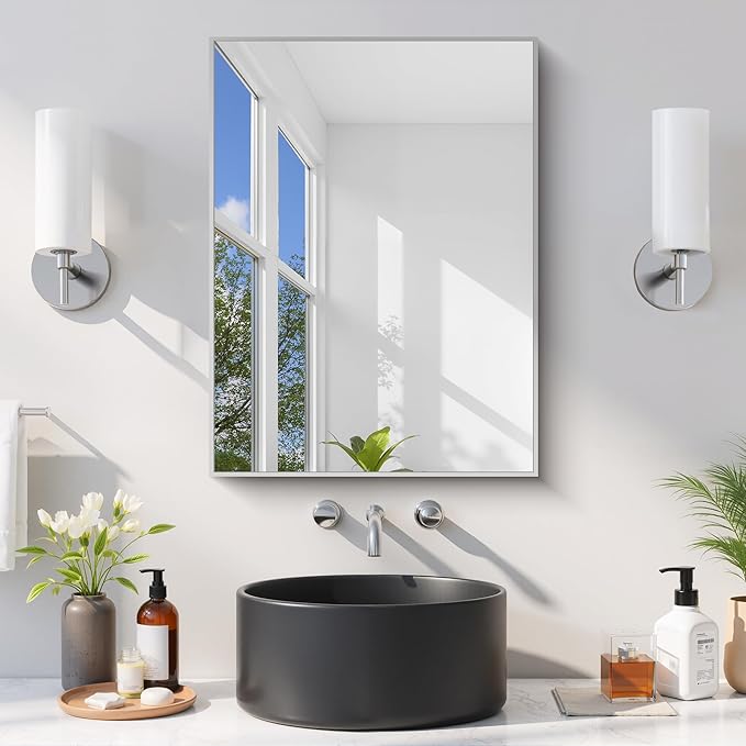 Silver Bathroom Mirror for Wall, 18x24 Inch Rectangle Mirror by Welcometocofeny