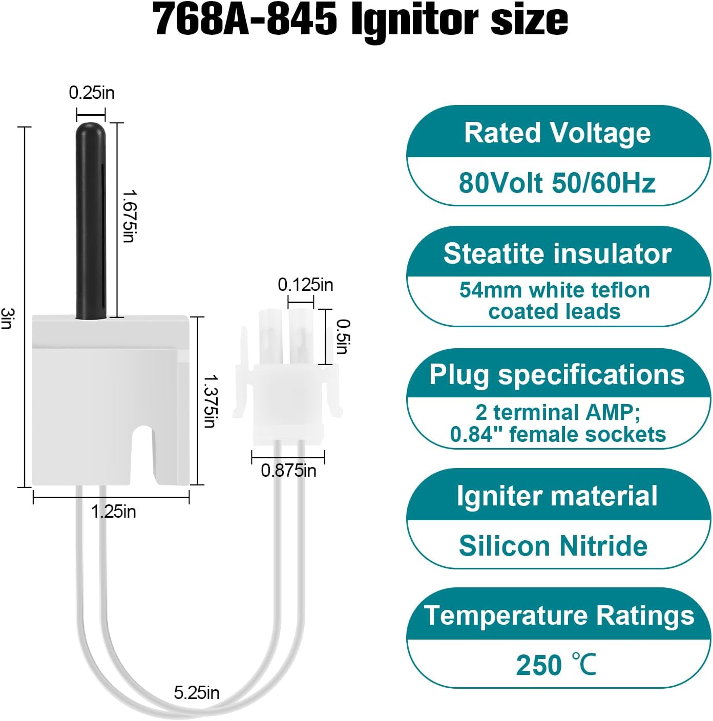 Upgraded 768A-845 Furnace Hot Surface Ignitor Replacement | Compatible with Emerson White-Rodgers Trane Silicon Nitride Ignitor, 768A-845 Replace 768A-5 IGN00104 X13130524010 B340970P01