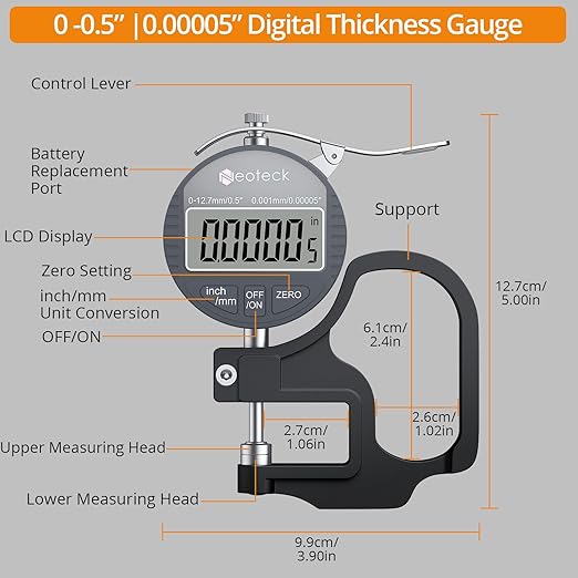 Neoteck Digital Thickness Gauge 0.5inch/12.7mm, 0.00005inch/0.001mm LCD Display - Image 6