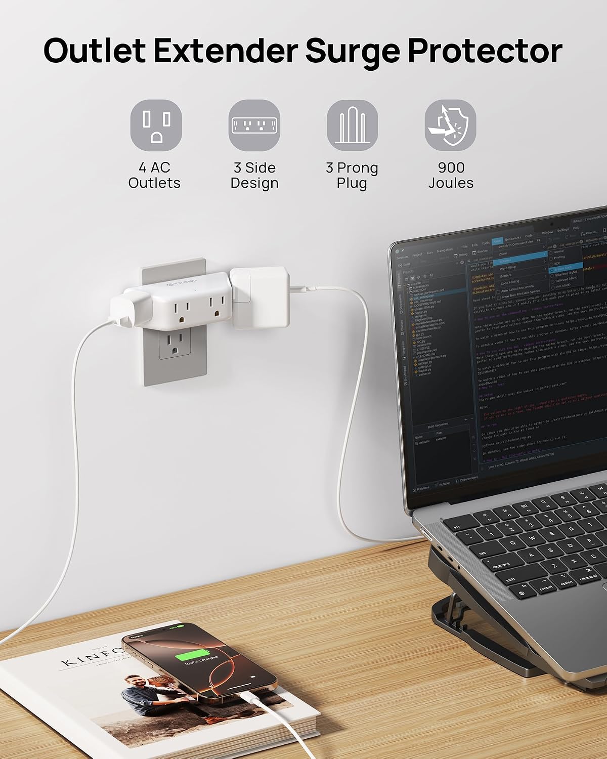 TROND Outlet Extender Surge Protector, Multi Plug Wall Outlet, White | 4 Grounded Sockets, 3 Way Angled Plug Adapter, Space-Saving, 900J, Electrical Wall Splitter for Bathroom Kitchen Office
