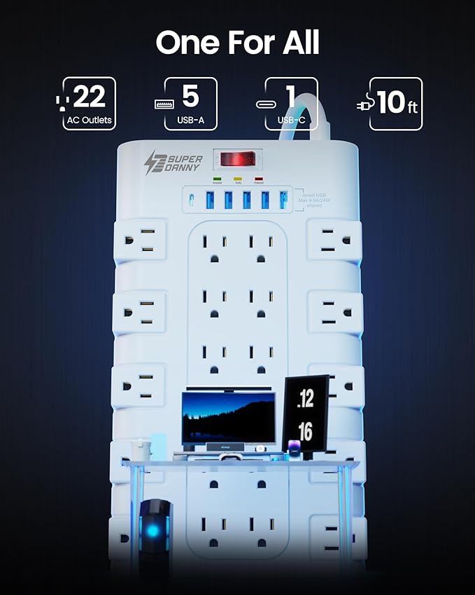 10Ft Extension Cord with Multiple Outlets, SUPERDANNY Surge Protector Power - Image 2