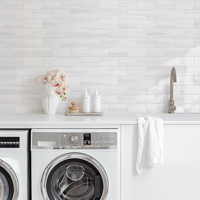 Vamos Tile 100-Piece Glossy Dolomite White Peel and Stick Backsplash Tile - Image 4