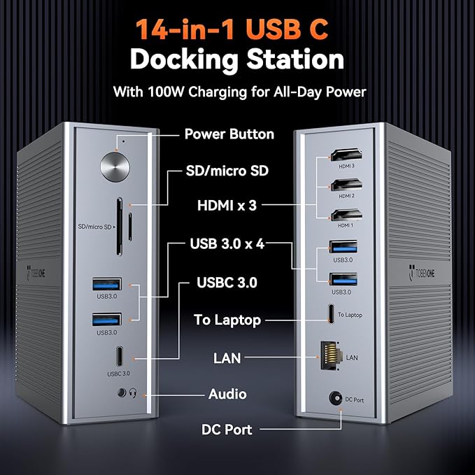 TobenONE DisplayLink Docking Station 3 Monitors, 14-in-1 Triple Monitor Dock - Image 2
