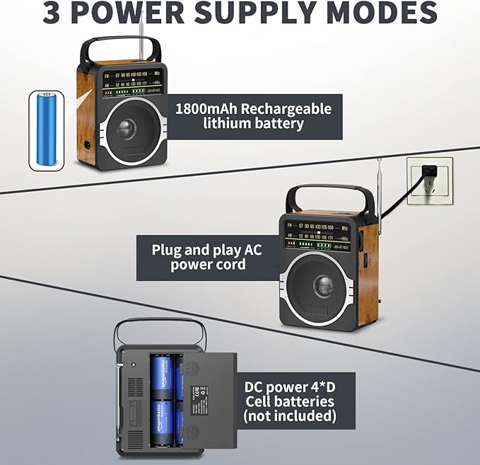JEUJUG Portable AM FM Radio, FM Radio Built-in Rechargeable Battery/DC D*4 Cell - Image 4
