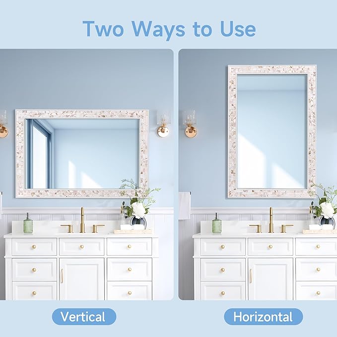 Tanmicoshomy 30 x 40 Inch White Bathroom Mirror, Coastal Natural Shell Framed - Image 5