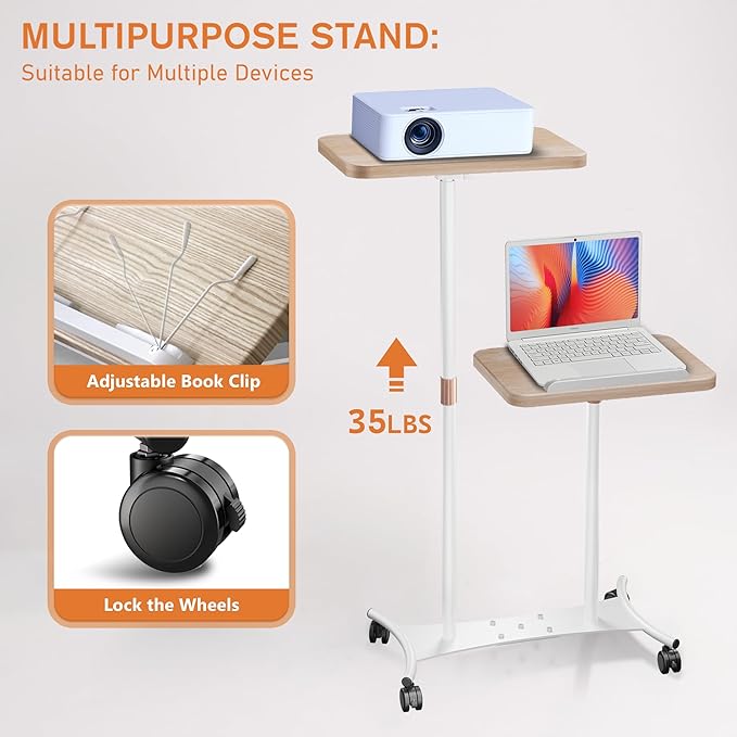YUMFUN 2 Shelves Projector Stand, Mobile Laptop Cart on Wheels Projector Stand - Image 8