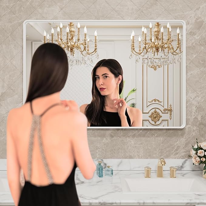 LOAAO 40x30 Inch White Metal Framed Bathroom Mirror - Image 2