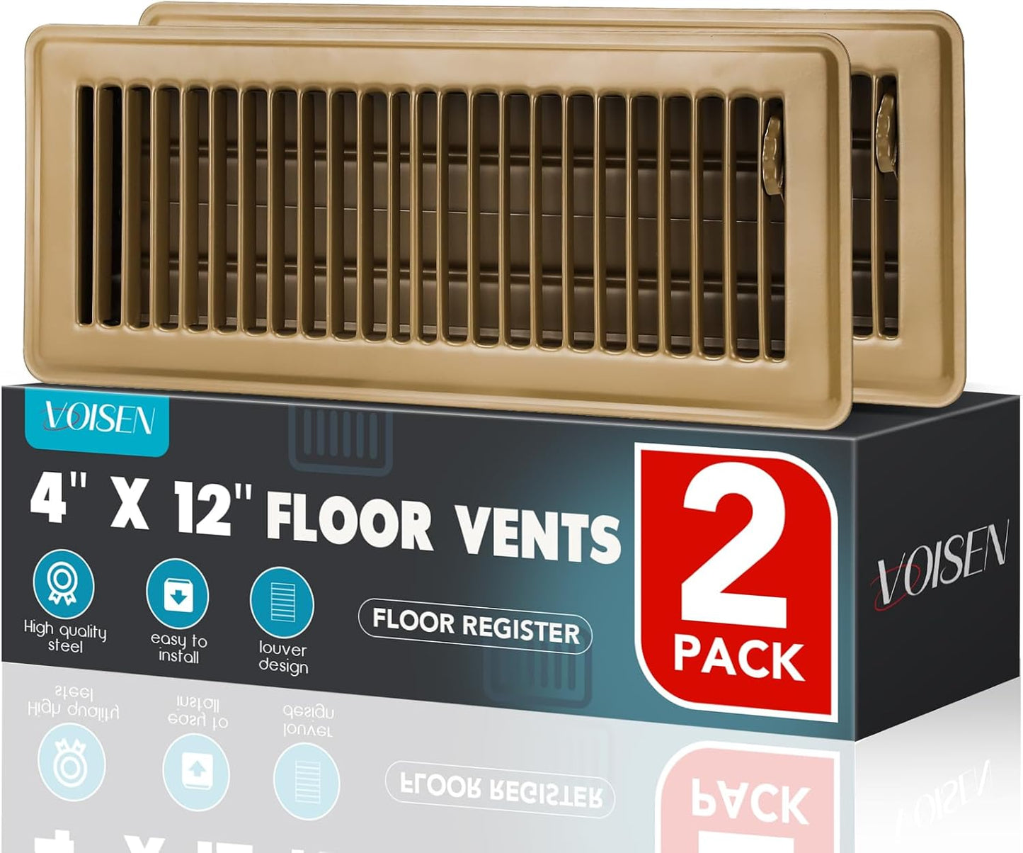 Floor Register 4x12, 2 Pack Brown Floor Vent Covers | Steel Adjustable Air Supply Grille Register Vent Cover Grill for Sidewall and Floor, Vent Covers for Home Floor