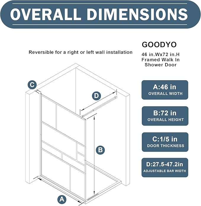 Goodyo 46 in. W x 72 in. H Bathroom Shower Glass Door Framed Tempered Clear - Image 4