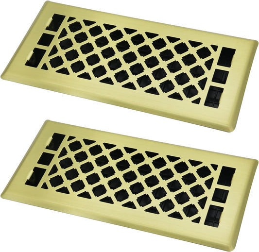 2-Pack 4x10 Decorative Floor Register Vent Cover, Brushed Gold, Lattice | Heavy-Duty Walkable Solid Steel, Adjustable Airflow Damper, Easy Drop-In Replacement