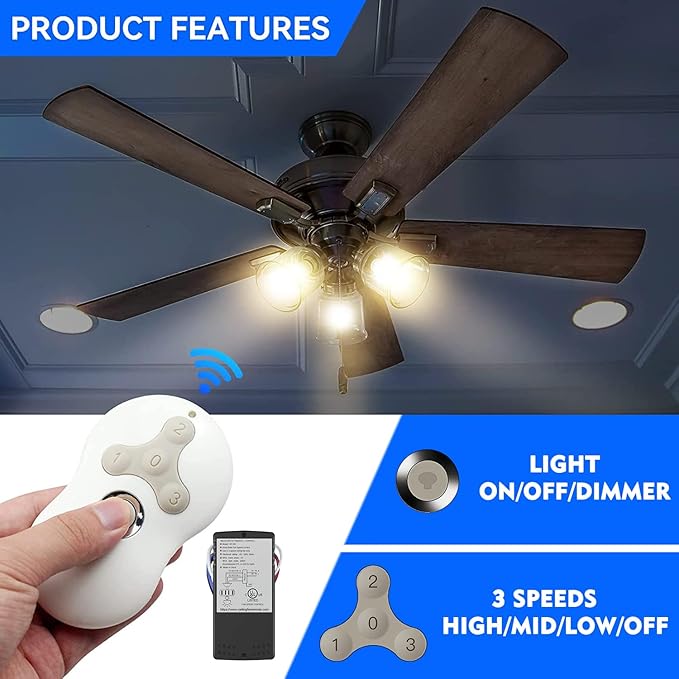 Universal Ceiling Fan Remote Control Kit, 3-Speed Fan and Dimmer Light Control - Image 2