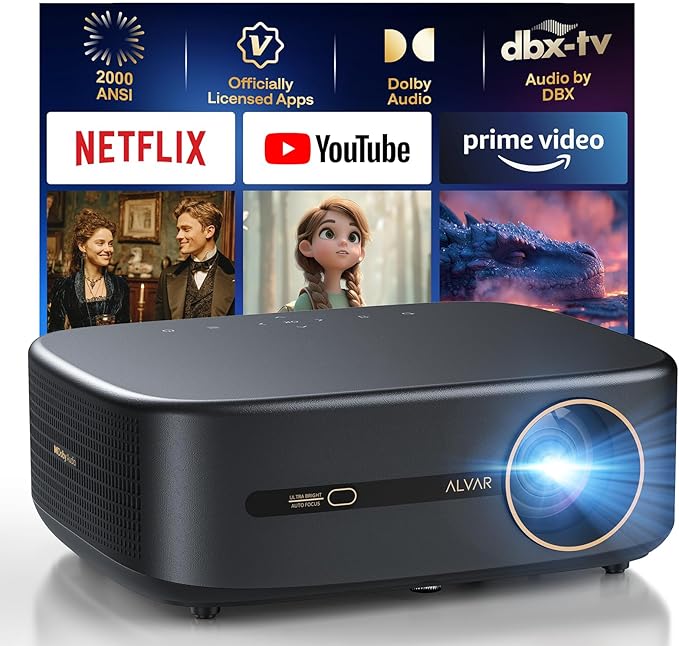 Alvar Smart Projector with WiFi 6 and Bluetooth 5.3, 50W Speakers, NetfIix by ALVAR