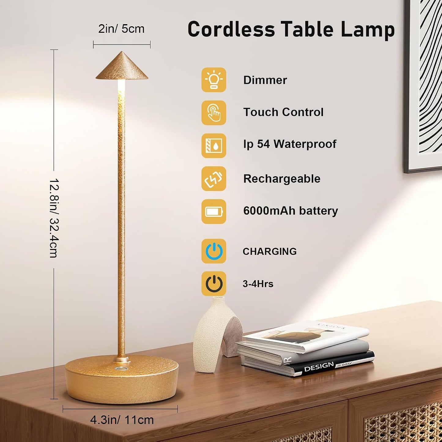 2P Cordless Rechargeable Led Table Lamp Battery Operated Light CHMP Gold | Ice Crackle Finish Champagne Gold Touch 3 Color Dimming Portable Metal Outdoor Waterproof Light for Patio/Restaurant/Dining