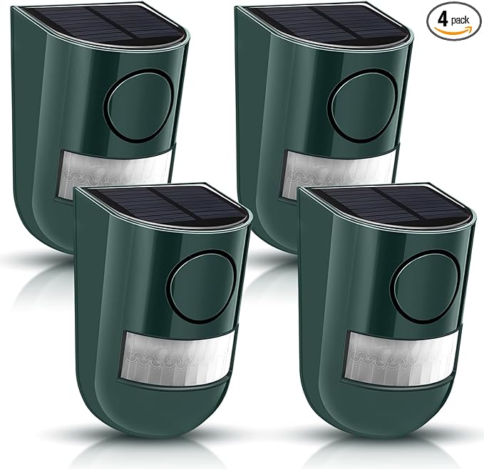 Qualirey 4 Pack Solar Sound and Light Alarm Motion Sensor 129db Outdoor by Acomfortablehomestartshere