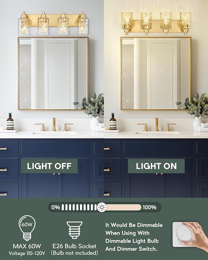 METWET 4-Light Bathroom Light Fixtures, 24.5 Inch Brushed Gold Vanity Lights - Image 6