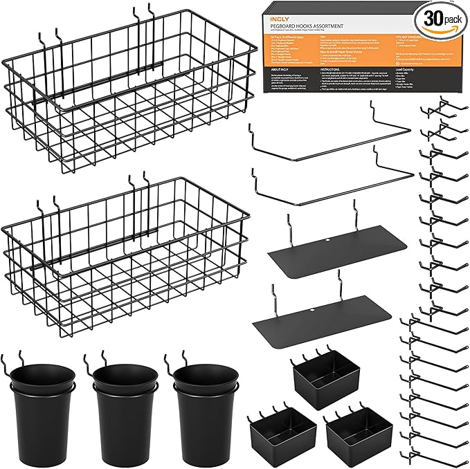 INCLY 30PCS Peg Board Organizer Accessories Kit, Pegboard Hooks Assortment by INCLY