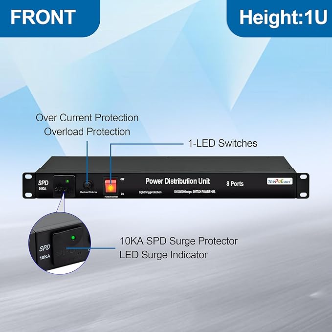 1U PDU Rack Mount Power Surge Protection, 8 NEMA 5-15R Outlets & 5-Port Gigabit - Image 2