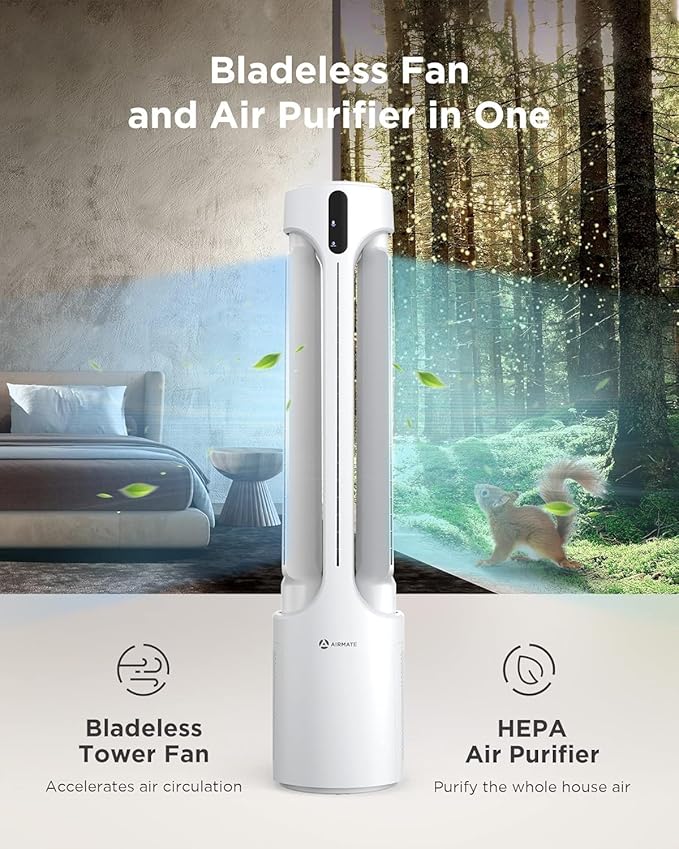 AIRMATE Air Purifier Bladeless Tower Fans, 1500CFM Large Air Volume, 28ft/s - Image 2