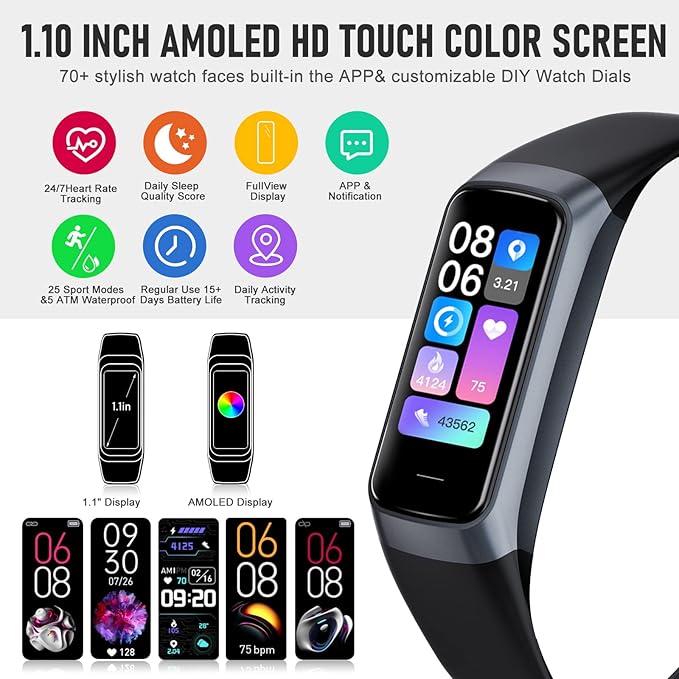 Fitness Tracker with 24/7 Heart Rate Blood Oxygen Sleep Monitor, 1.1" AMOLED - Image 2