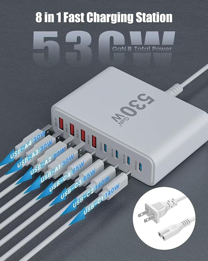 530W USB C Charger Block, 8-Port USB C Charging Station GaN IV Travel - Image 4