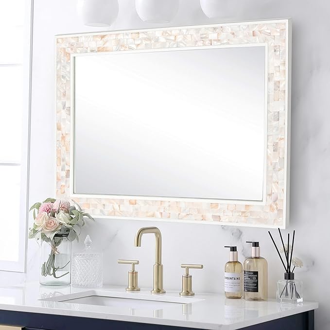 Tanmicoshomy 30 x 40 Inch White Bathroom Mirror, Coastal Natural Shell Framed - Image 4