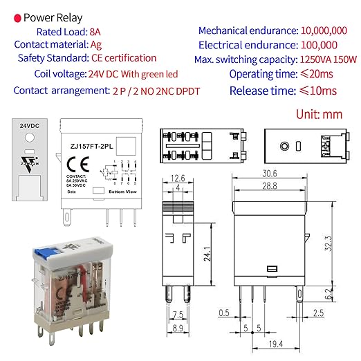 24 Volt Relay with Test Button Miniature 8Amp DPDT with Led Indicator Light and - Image 4