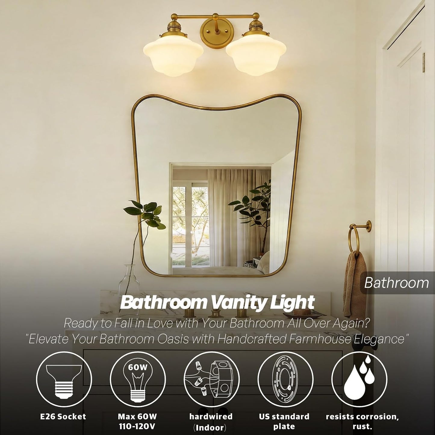 Vintage 2-Lights Wall Sconce Lights Brass Gold Bathroom Vanity Light with Milk Glass Double Sconce Wall Mounted Lamp for Bedroom Living Room Bathroom Mirror Kitchen Hallway Hardwire