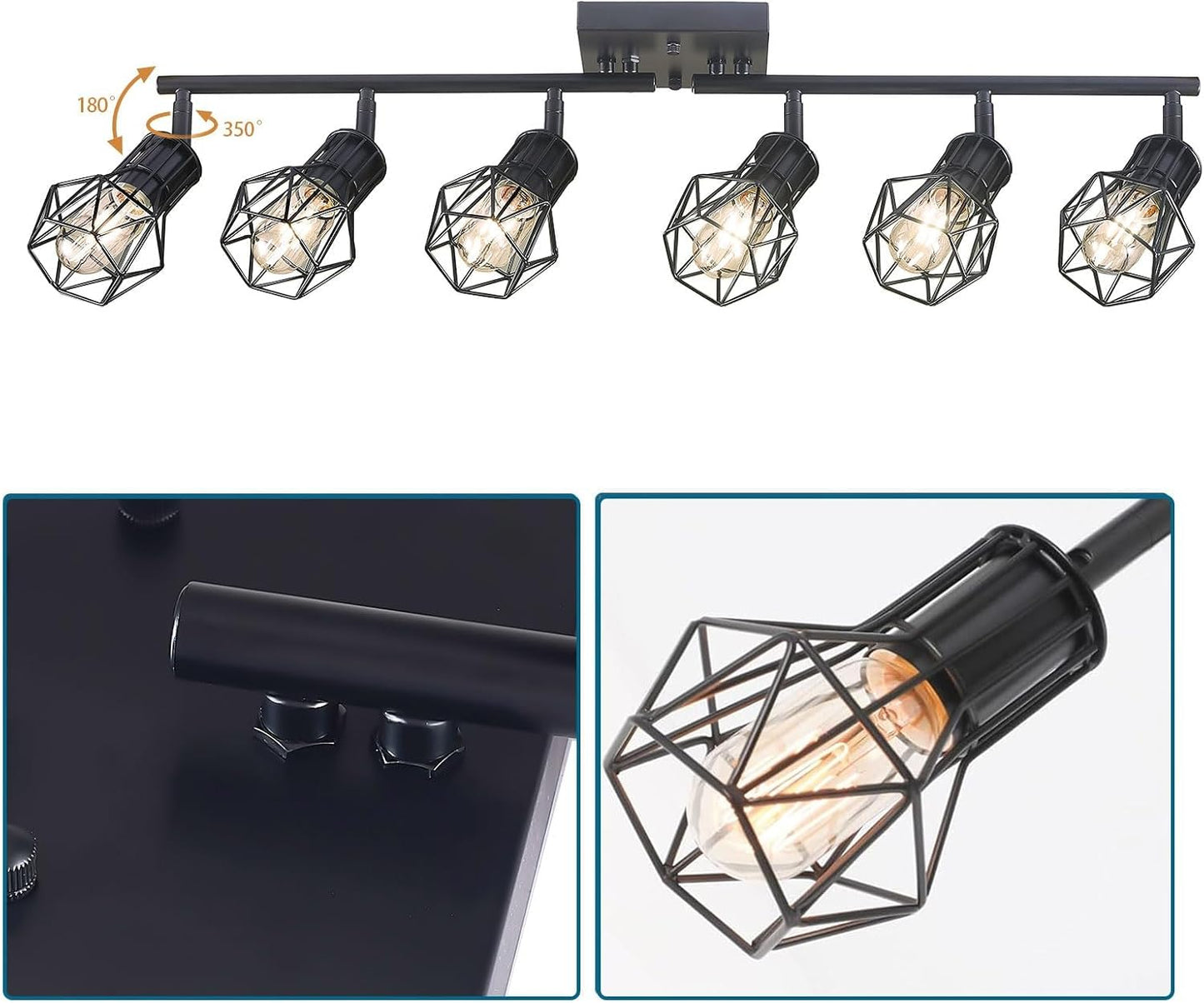 Matte Black Ceiling Mount Track Lighting 6-Light E26 for Kitchen | Matte Black 6-Light Farmhouse Track Lighting, Metal Cage, Adjustable Heads, E26 Base for Kitchen Bathroom Living Room