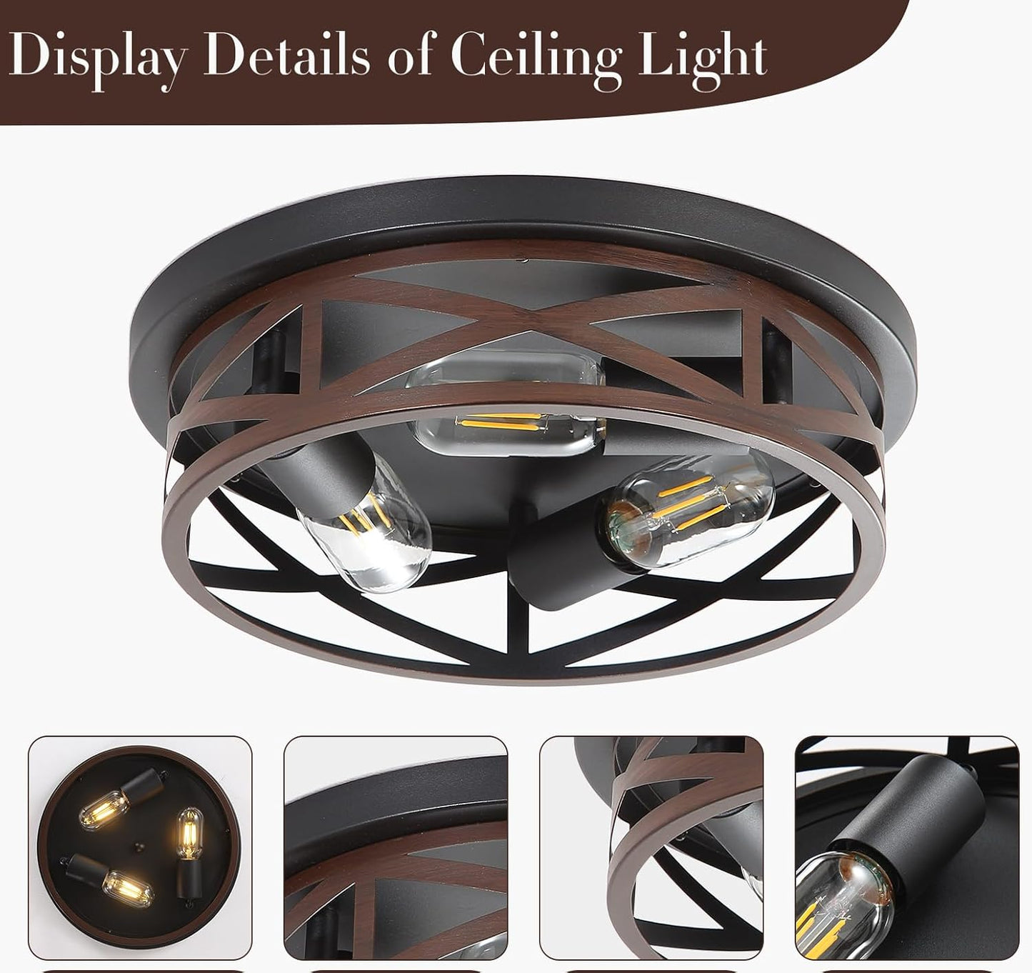 13 Inch Farmhouse Close to Ceiling Lights, Wood Finish Metal Cage Flush Mount Ceiling Light 3-Lights, Black Industrial Semi Flush Mount Ceiling Light for House Hallway Kitchen Bedroom