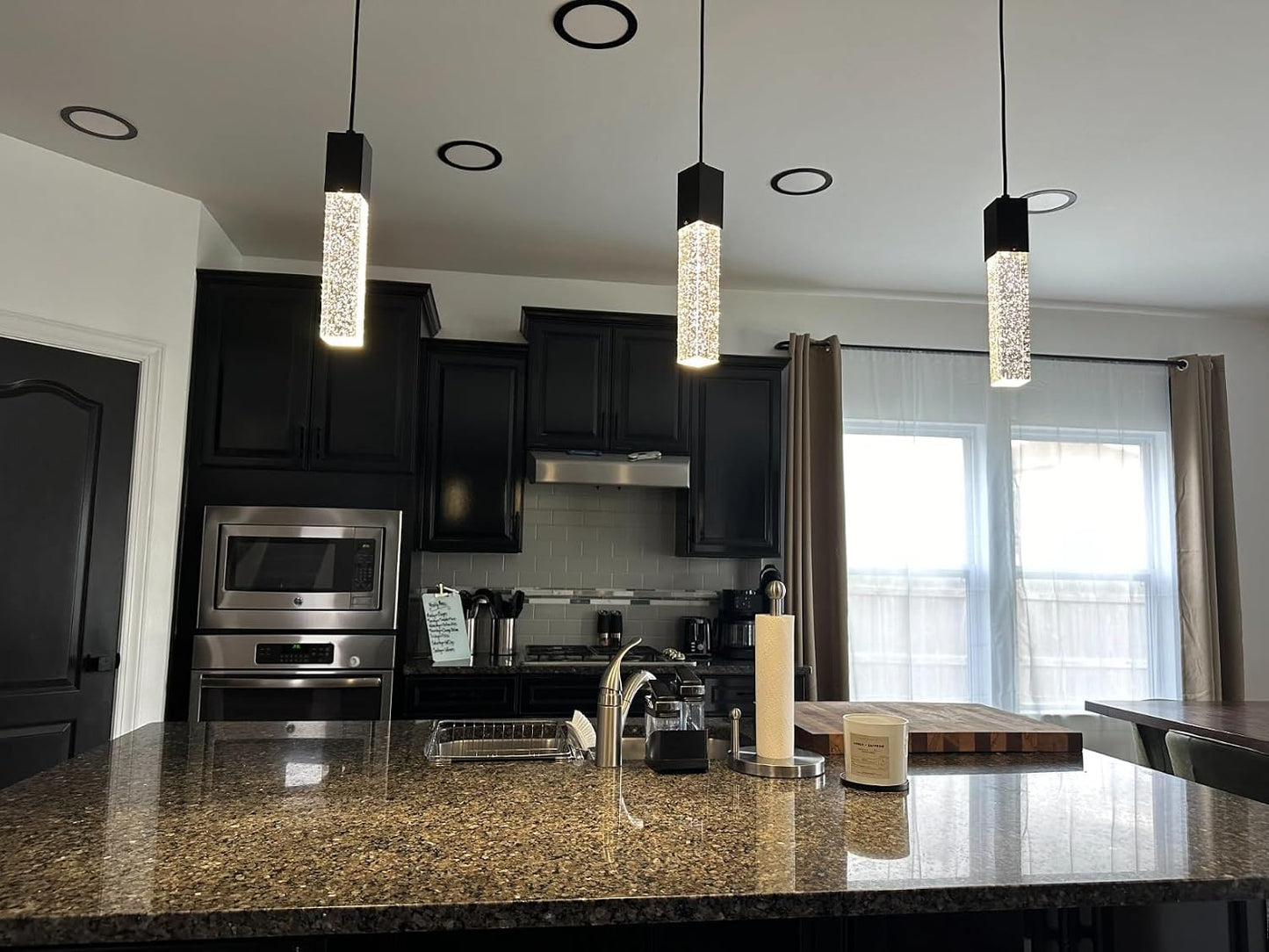 Mini Integrated Hanging Crystal Kitchen Island Modern Concise Pendant Ceiling Light Fixture,for Kitchen Island Dining Room Bedroom Hallway,UL Listed (Black, 3 Pack)