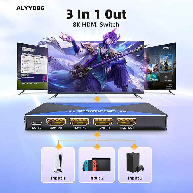 8k@60Hz HDMI Switch 3 in 1 Out Supports DSC 4K@240Hz 3D HDR10+ HDCP 2.3 VRR - Image 2