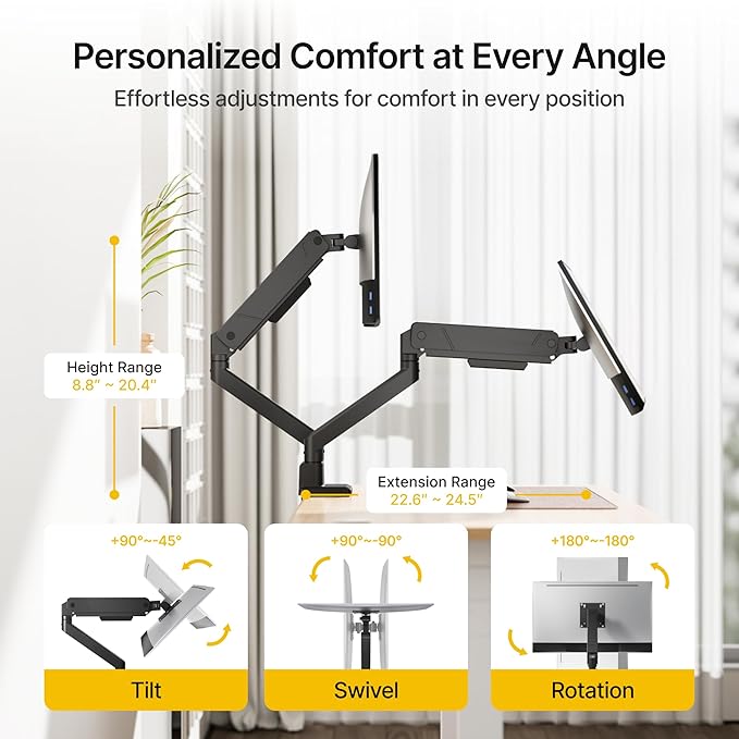 monTEK Dual Monitor Mount with USB Monitor Arms - Image 3