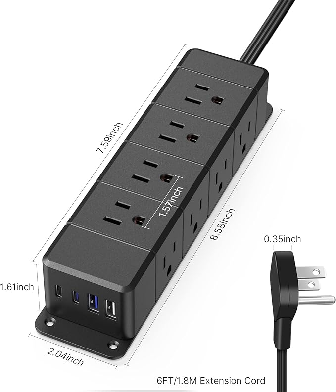 30W USB C Power Strip Surge Protector, Ultra Thin Flat Plug Power Strip 4 Side - Image 7