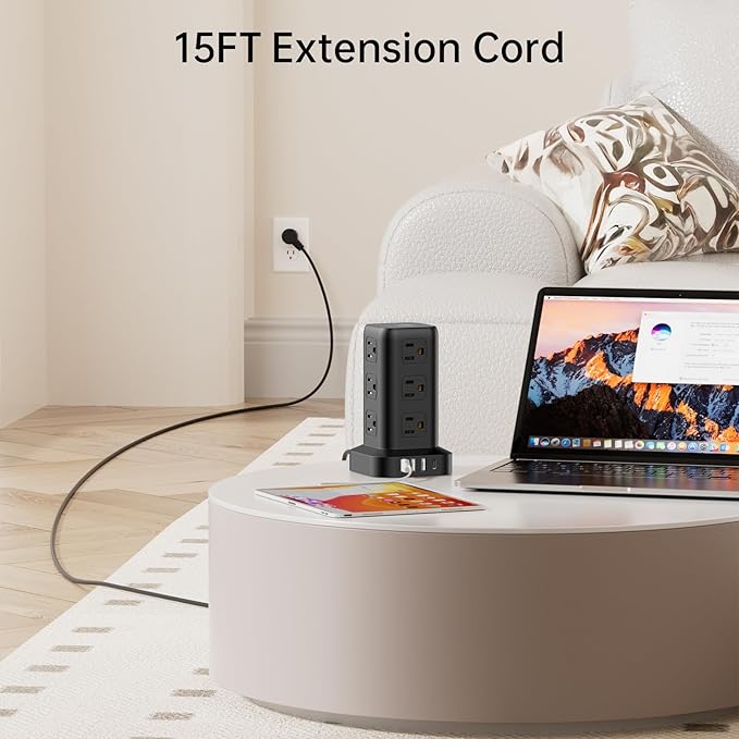 PD20W Surge Protector Power Strip Tower, 15FT Extension Cord - Image 3