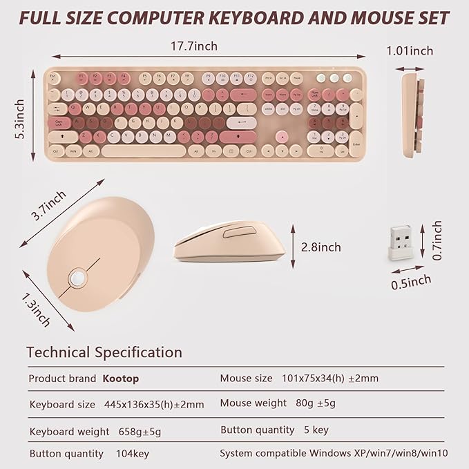 Wireless Keyboard and Mouse, KOOTOP Cute Keyboard and Mouse, 2.4G Wireless - Image 6