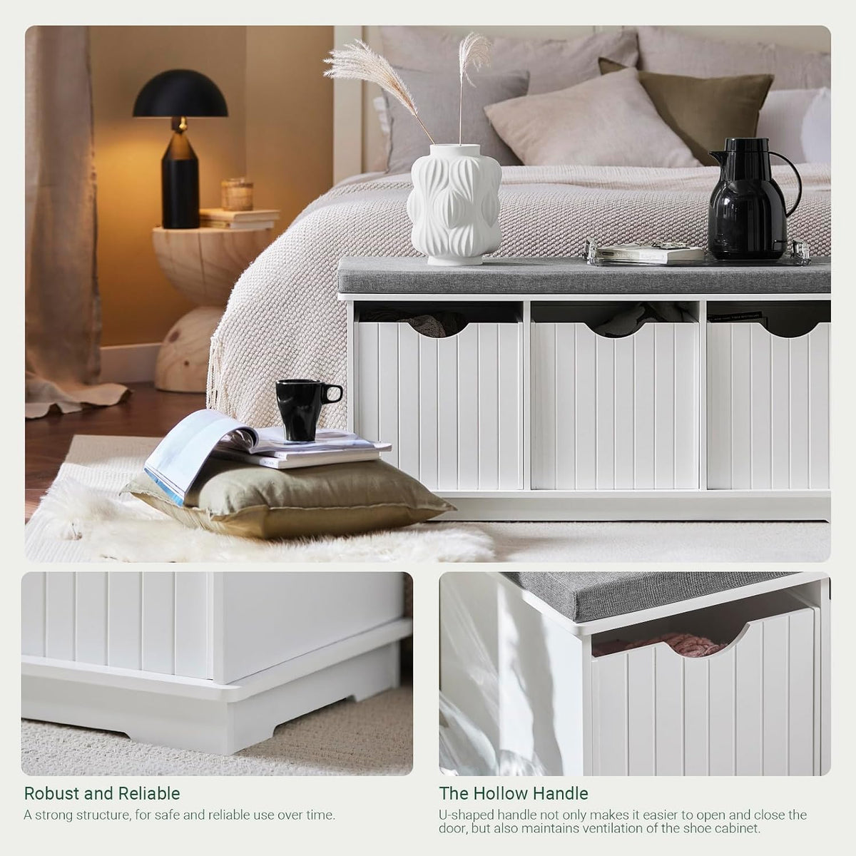 haotian white storage bench with drawers & seat, package contents