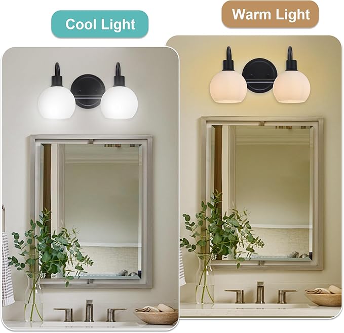 WINSHEN 2-Light Black Bathroom Light Fixture, Milk White Globe Wall Sconce Lamp - Image 2