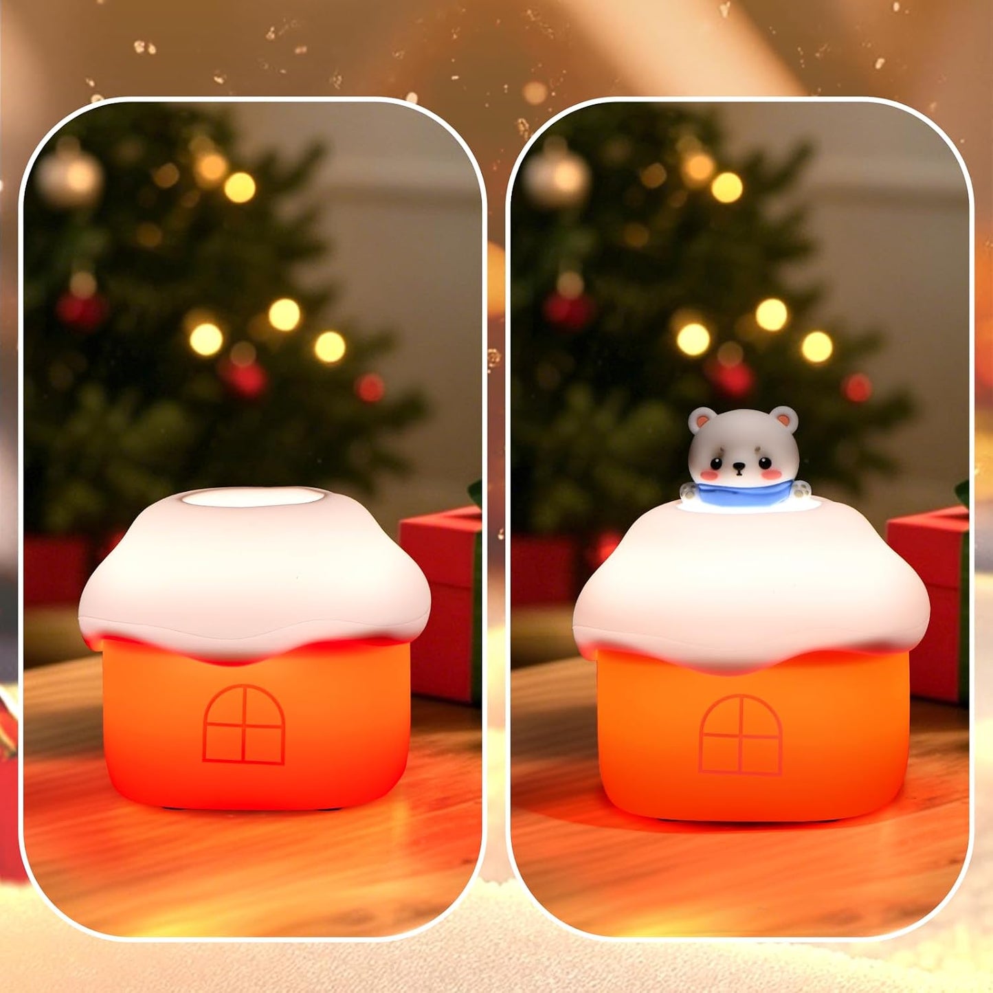 Snow Hut Silicone Night Light, Kids Bedside Lamp with 7 Fun Sound Effects, Touch Dimming, 30-Min Auto-Off Timer, Volume Control, 1000mAh Battery, Toddler Bedroom Essential, Birthday Surprise Bear