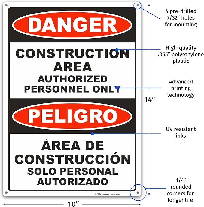 Brimar - 10" x 14" - Bilingual Danger Construction Area Authorized Only Sign - - Image 2