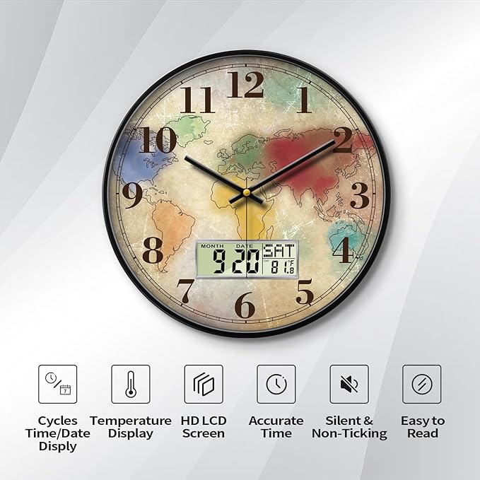 Modern Round Retro Digital and Analog Wall Clock Silent Calendar Colorful World - Image 2