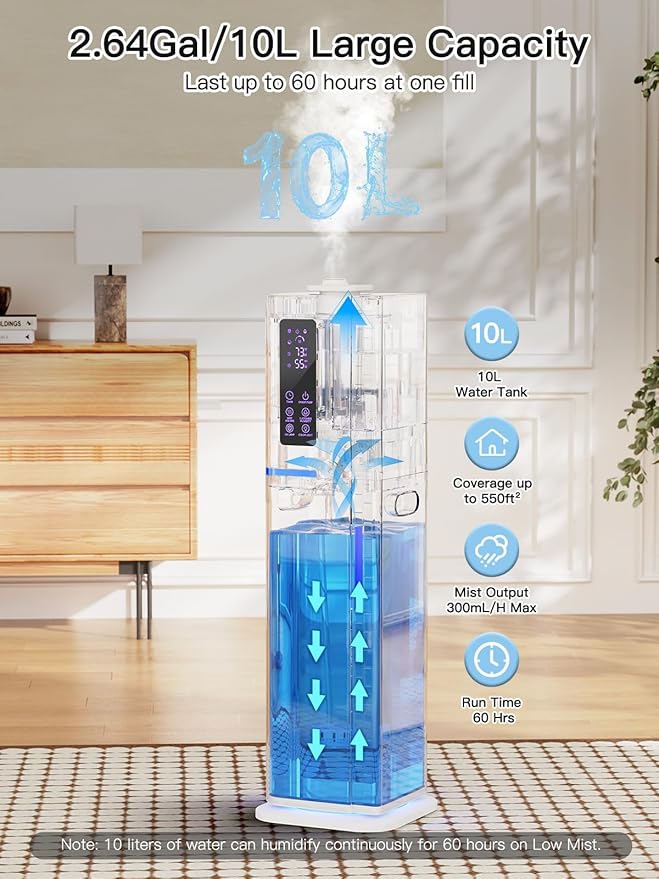 Zeova 10L/2.64Gal Humidifiers for Bedroom, Top Fill Quiet Ultrasonic Cool Mist - Image 2