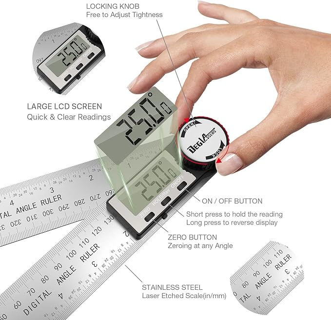 Digital Angle Finder Protractor, DEGLASERS Digital Protractor 7inch/200mm - Image 2