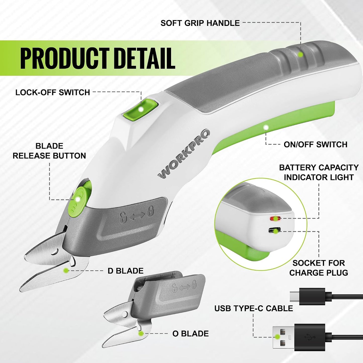 WORKPRO Cordless Electric Scissors with 2 Blades, Rechargeable Power Shears | Fabric Cutting, Leather, Carpet, Cardboard, Ergonomic Grip, Portable Design, Sewing, Scrapbooking, Craft Projects